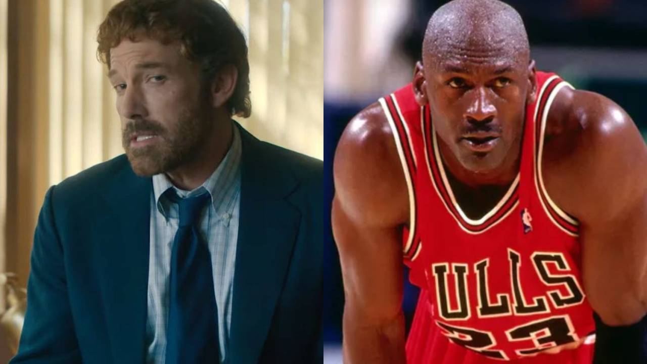 Ben Affleck no filme 'Air' e Michael Jordan nas quadras