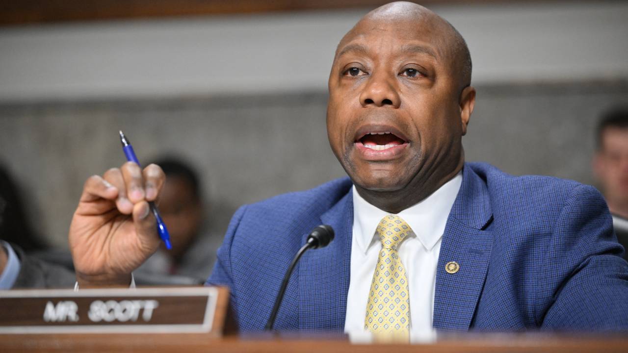 (FILES) US Senator Tim Scott (R-SC) speaks during the Senate Banking, Housing, and Urban Affairs Committee hearing on the failures of Silicon Valley Bank and Signature Bank, on Capitol Hill in Washington, DC, on May 16, 2023. US Senator Tim Scott is running to become the first Black Republican president, papers filed with the Federal Election Commission showed on May 19, 2023. (Photo by Mandel NGAN / AFP)