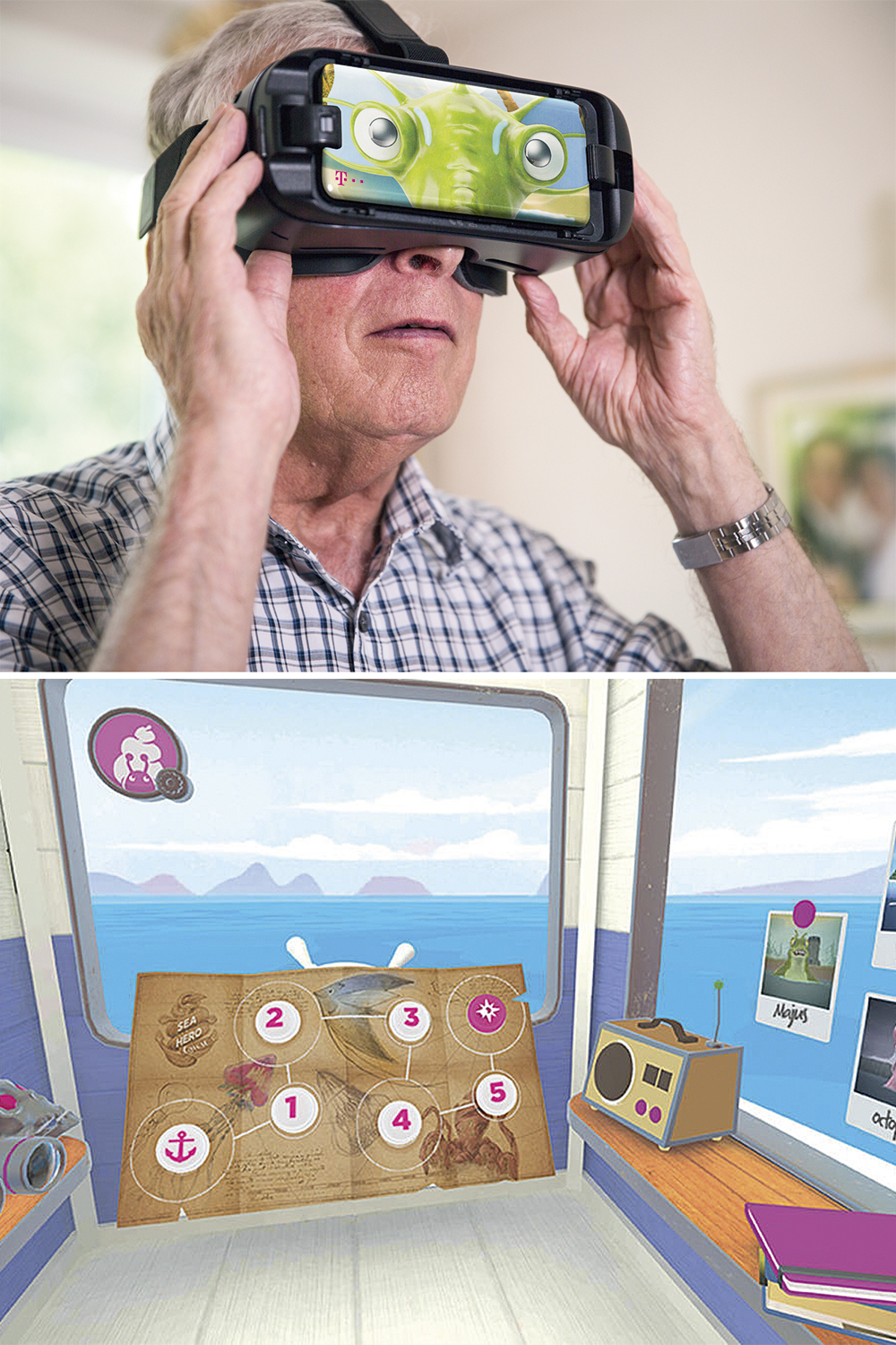 ALZHEIMER_Game-Sea-Hero-Quest.jpg DIAGNÓSTICO - Jogador com óculos de realidade virtual (acima) navega em cena de Sea Hero Quest: o game ajudou a detectar pacientes com demência