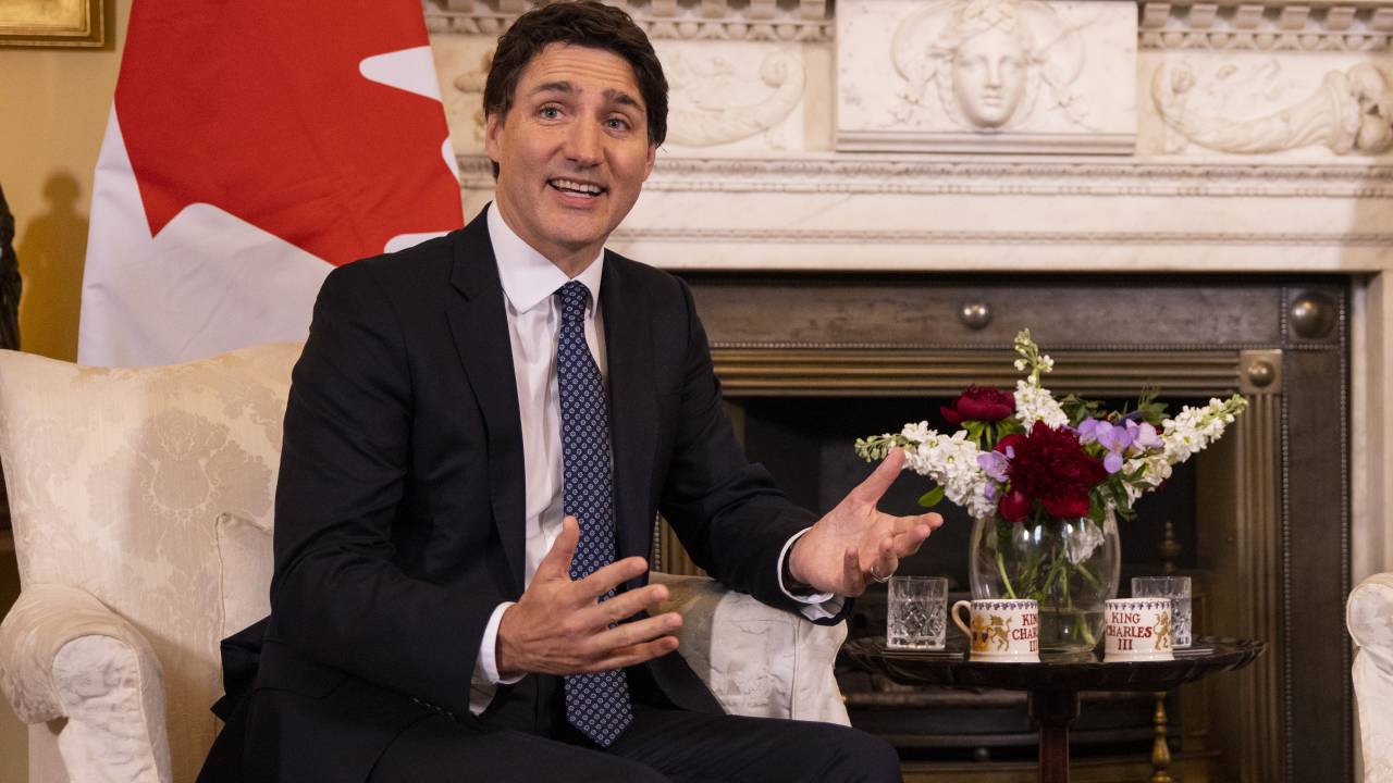 Justin Trudeau, Canada's prime minister, speaks during a meeting with Rishi Sunak, UK prime minister, not pictured, at 10 Downing Street during Trudeau's visit to attend King Charles III's coronation in London, UK, on Saturday, May 6, 2023. Sunak called the coronation a "moment of extraordinary national pride" that will be celebrated across the Commonwealth and beyond. Photographer: Tolga Akmen/EPA/Bloomberg via Getty Images