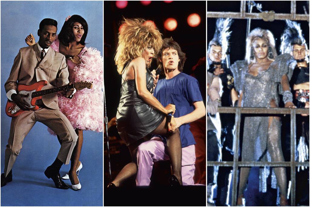 GettyImages-171064722.jpg TRÊS MOMENTOS - À esq., com o então marido, Ike; no centro, cantando com Mick Jagger; à dir., no filme Mad Max 3 — Além da Cúpula do Trovão (1985): ela provou que mulher podia ser sexy e atrair multidões após os 40