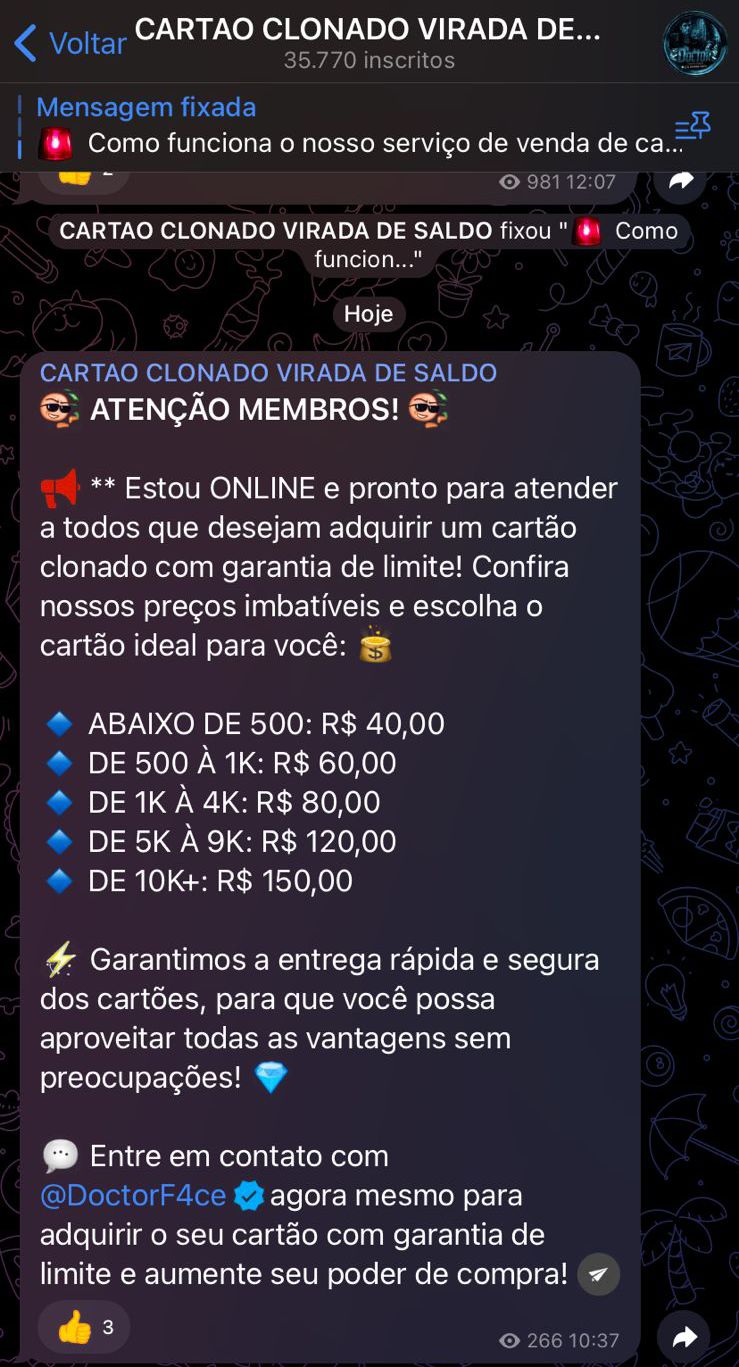 Venda de cart&otilde;es clonados
