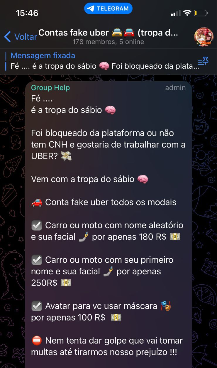 Venda de contas fake da Uber