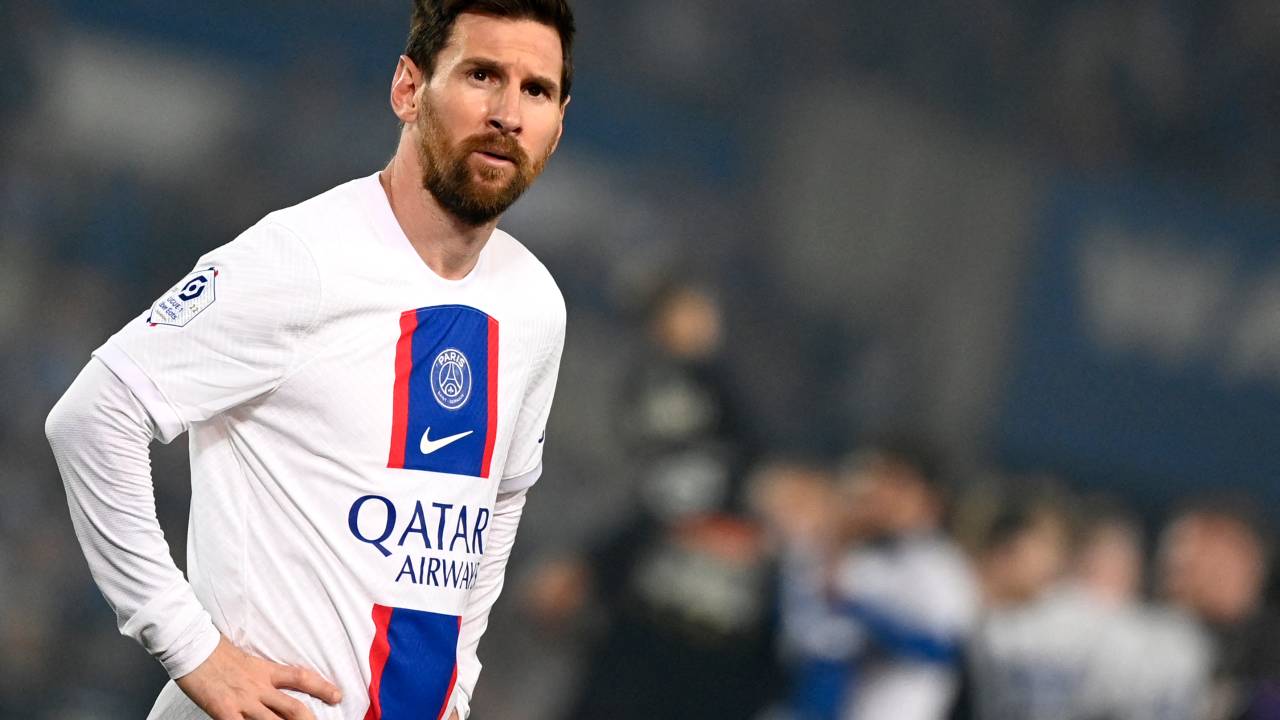 (FILES) Paris Saint-Germain's Argentine forward Lionel Messi reacts during the French L1 football match between RC Strasbourg Alsace and Paris Saint-Germain (PSG) at Stade de la Meinau in Strasbourg, eastern France on May 27, 2023. Lionel Messi says he will sign for Inter Miami in Spanish media interview, AFP reported on June 7, 2023. (Photo by Jean-Christophe Verhaegen / AFP)