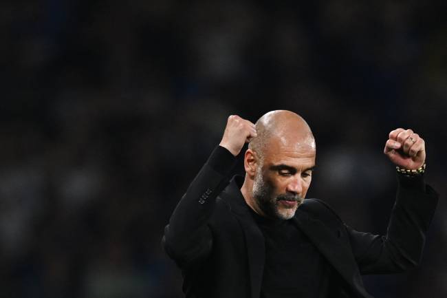FBL-EUR-C1-MAN CITY-INTER Manchester City's Spanish manager Pep Guardiola celebrates winning the UEFA Champions League final football match between Inter Milan and Manchester City at the Ataturk Olympic Stadium in Istanbul, on June 10, 2023. Manchester City won the match 1-0. (Photo by Paul ELLIS / AFP)