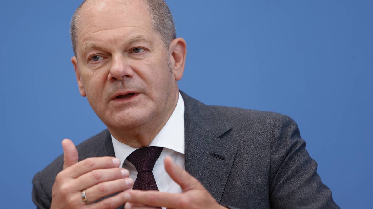 German Chancellor Olaf Scholz gives a press conference on June 14, 2023 to present the German government's national security strategy for the country (Photo by MICHELE TANTUSSI / AFP)