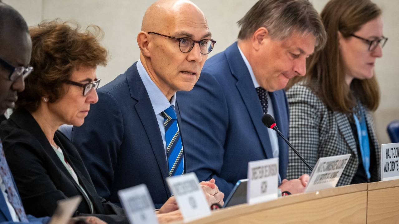 UN High Commissioner for Human Rights Volker Turk (C) delivers a speech at the opening of the 53rd UN Human Rights Council in Geneva, on June 19, 2023. The UN rights chief voiced alarm on June 19 at attempts by several countries to silence human rights defenders and other civil society members, including those who cooperate with his office. (Photo by Fabrice COFFRINI / AFP)