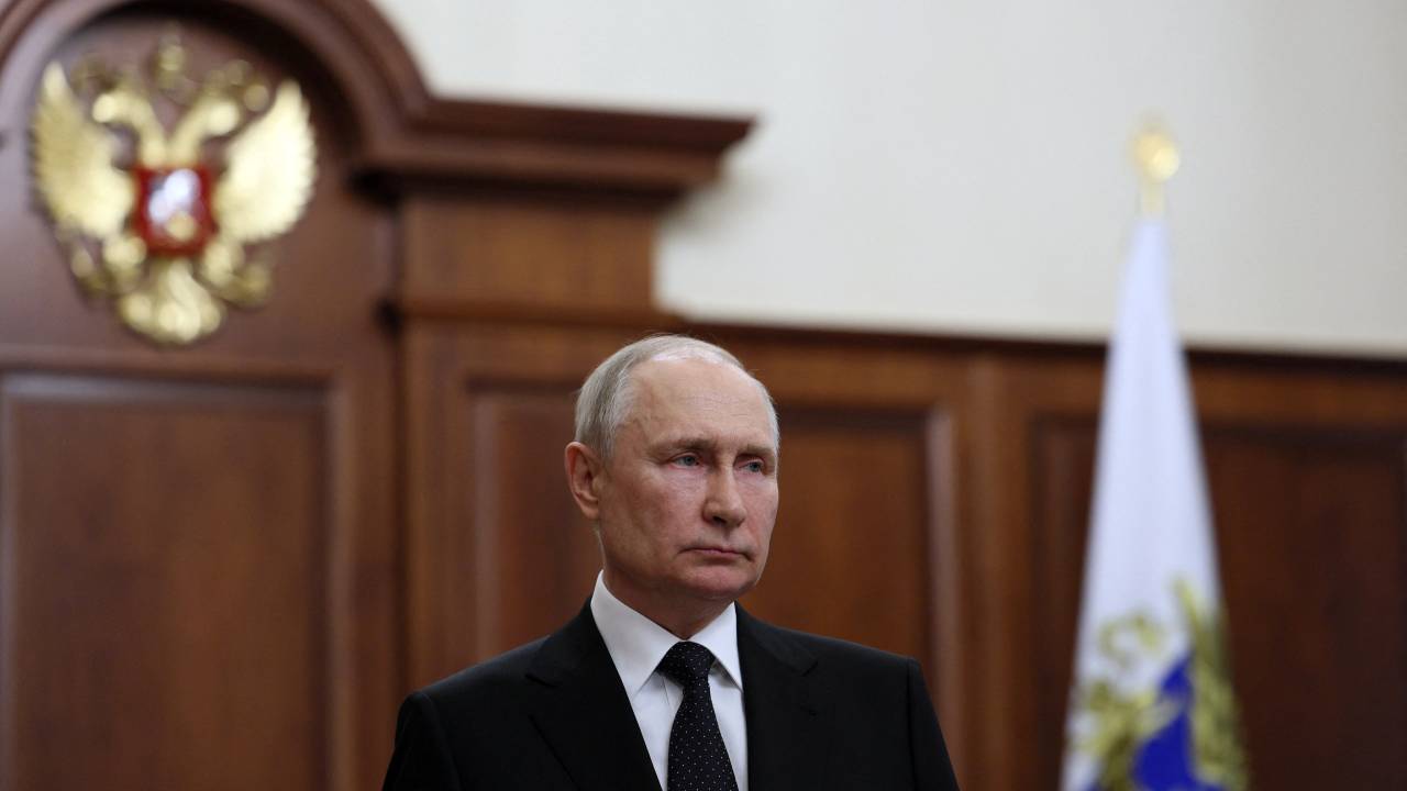 Russias President Vladimir Putin delivers a video address, on June 24, 2023, as Wagner fighters stage rebellion. President Vladimir Putin addresses the nation, the Kremlin said on June 24, 2023, as Russia faced a rebellion by the Wagner mercenary group that has vowed to topple Moscow's military leadership. The Russian President vows to punish 'traitors' from Wagner rebellion. (Photo by Gavriil Grigorov / SPUTNIK / AFP)