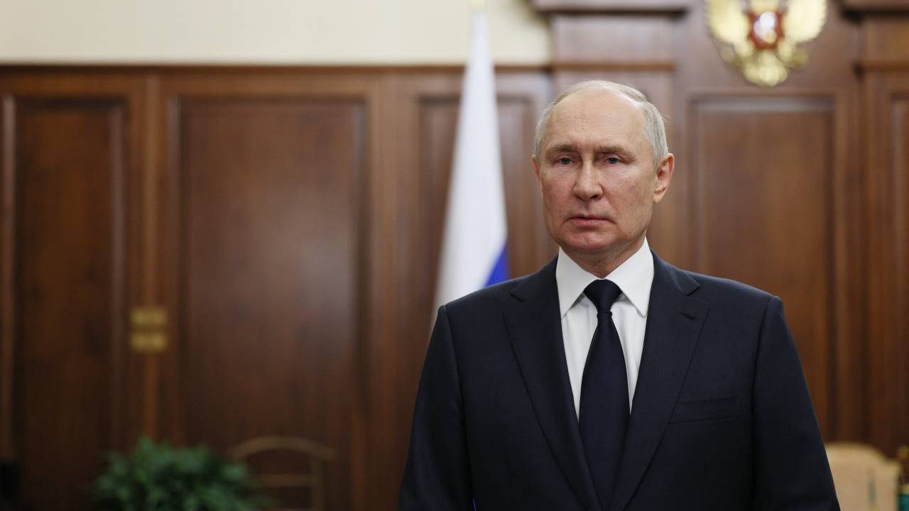 Russias President Vladimir Putin addresses the nation in Moscow on June 26, 2023. Russian President Vladimir Putin said on June 26, 2023 that he gave an order to avoid bloodshed during an armed rebellion over the weekend that rattled his rule, saying the West and Kyiv wanted Russians to "kill each other" and thanking citizens for their "patriotism." (Photo by Gavriil GRIGOROV / SPUTNIK / AFP)