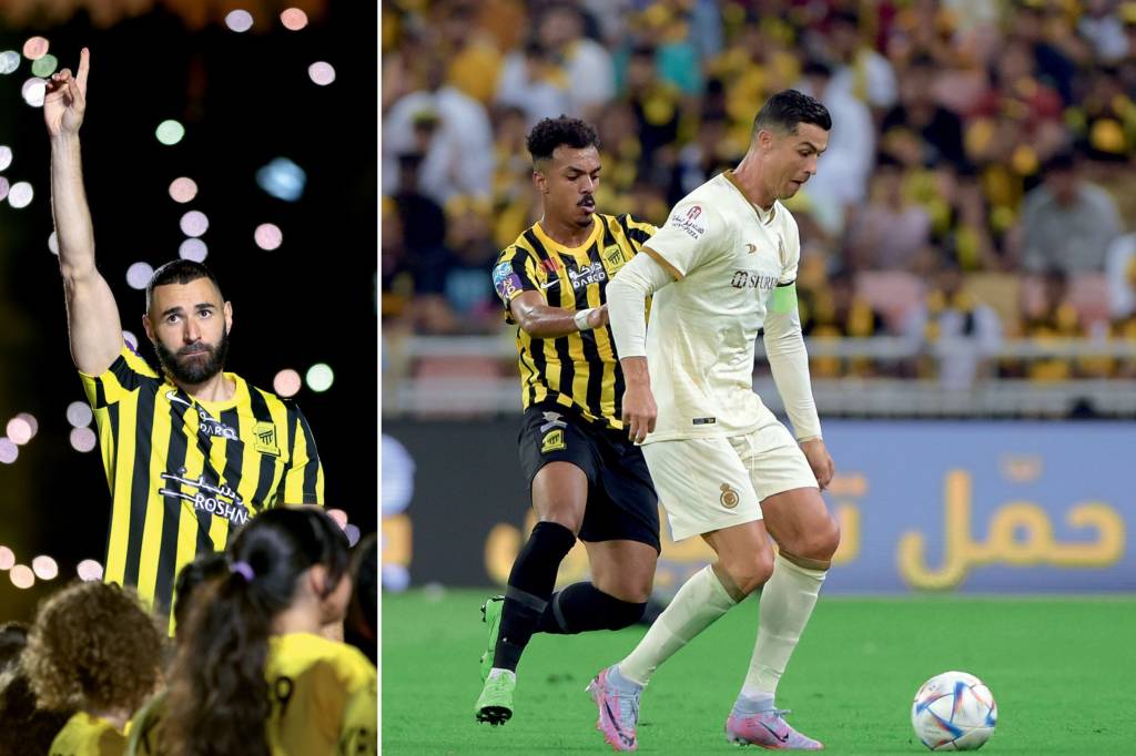 Benzema-Cristiano Ronaldo REFORÇO - Caça aos craques: ofertas de contratos milionários já garantiram a presença de Cristiano Ronaldo (à dir.) e Benzema em times sauditas