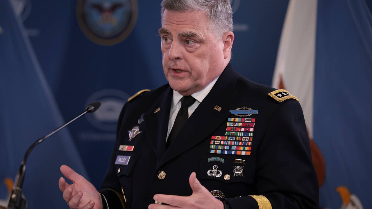 ARLINGTON, VIRGINIA - MAY 25: Army Gen. Mark Milley, chairman of the Joint Chiefs of Staff, speaks during a news conference at the Pentagon May 25, 2023 in Arlington, Virginia. Milley and U.S. Defense Secretary Lloyd Austin briefed members of the press following an online session of the Ukraine Defense Contact Group. (Photo by Win McNamee/Getty Images)