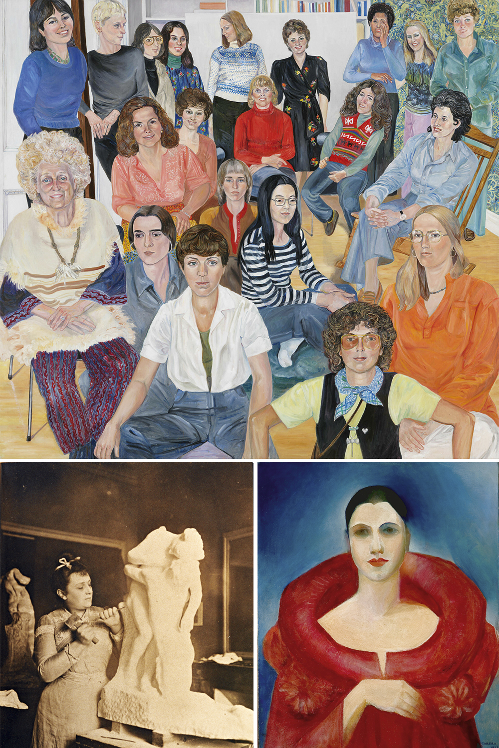SYLVIA-SLEIGH—OBRA-A.I.R-GROUP-PORTRAIT.jpg FASES - Mulheres que brilharam na arte: acima, A.I.R. Group Portrait, de Sylvia Sleigh; na esquerda, a escultora Camille Claudel; e o autorretrato de Tarsila