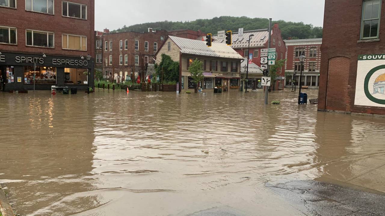 This July 10, 2023, image obtained from the Montpelier, Vermont, Police Department shows flooded streets in Montpelier. US President Joe Biden declared a state of emergency in the northeastern US state of Vermont July 11, as heavy rains triggered flooding from which dozens of residents were rescued by boat. The move, which frees up funds to help relief efforts, came after officials warned that a dam close to the state capital Montpelier was nearing capacity and close to spilling into a river. (Photo by Handout / Montpelier Police Department / AFP) / RESTRICTED TO EDITORIAL USE - MANDATORY CREDIT "AFP PHOTO / Montpelier Police Department" - NO MARKETING NO ADVERTISING CAMPAIGNS - DISTRIBUTED AS A SERVICE TO CLIENTS