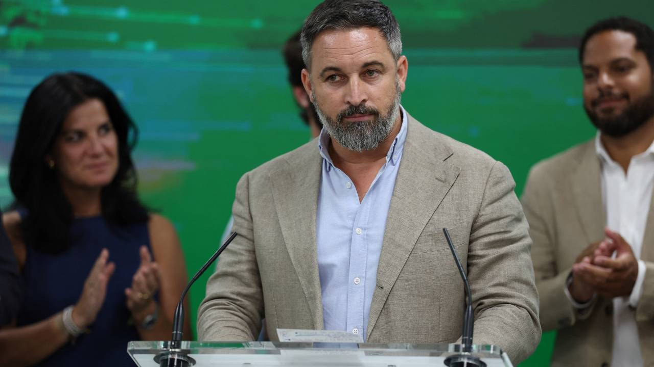 Spanish far-right Vox party leader Santiago Abascal delivers a speech after Spain's general election at the party headquarters in Madrid on July 23, 2023. The Spanish right is only just slightly ahead of the socialists of Prime Minister Pedro Sanchez, who maintains a chance to stay in power through the game of alliances, according on partial results following Spain's general election. (Photo by Thomas COEX / AFP)