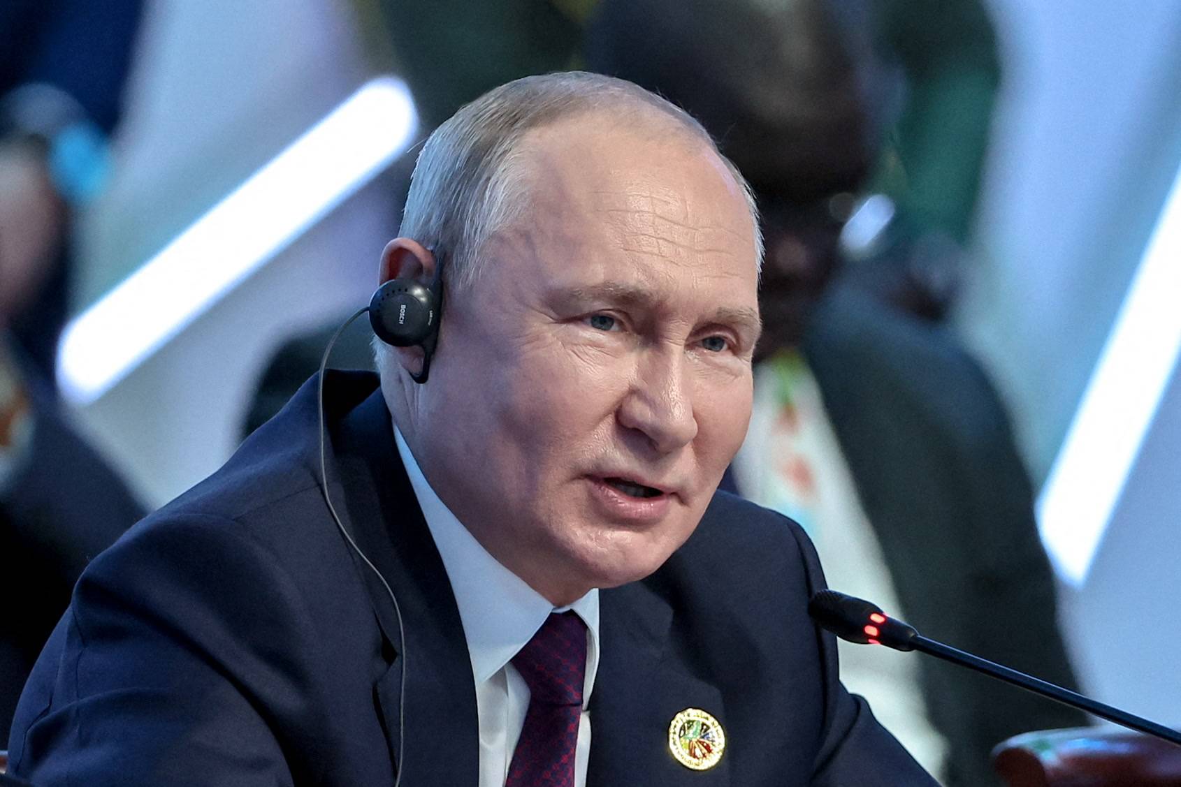 Russian President Vladimir Putin speaks during a plenary meeting at the second Russia-Africa summit in Saint Petersburg on July 28, 2023. (Photo by Mikhail TERESHCHENKO / TASS Host Photo Agency / AFP) / RESTRICTED TO EDITORIAL USE - MANDATORY CREDIT "AFP PHOTO / TASS Host Photo Agency / Mikhail Tereshchenko" - NO MARKETING NO ADVERTISING CAMPAIGNS - DISTRIBUTED AS A SERVICE TO CLIENTS