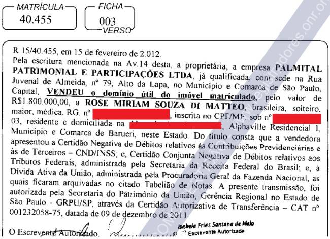 Escritura Trecho da escritura em nome de Rose -