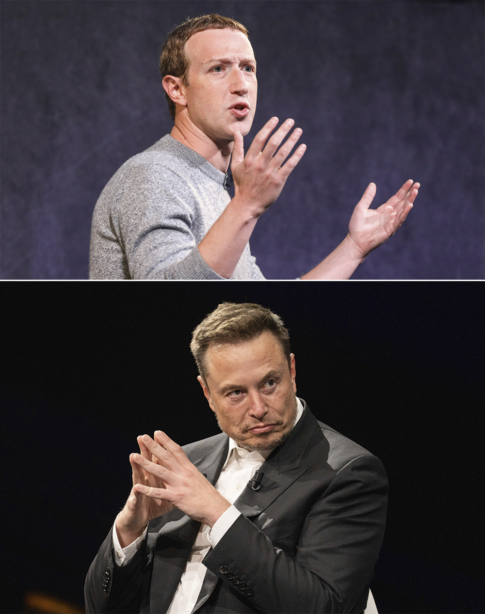GettyImages-1178141587.jpg EMBATE DE EGOS - Rivais: Zuckerberg (acima) lança desafio a Musk (abaixo)