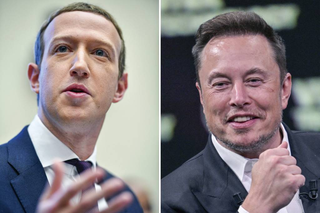 MARK-ZUCKERBERG—ELON-MUSK.jpg_1 O dono da Meta, Mark Zuckerberg (à esquerda) e o proprietário do X, antes conhecido como Twitter, Elon Musk (à direita).