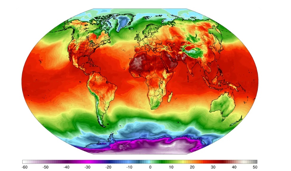 Mapa de calor da Universidade do Maine, nos EUA, mostra temperatura média no globo na segunda-feira, 3 de julho