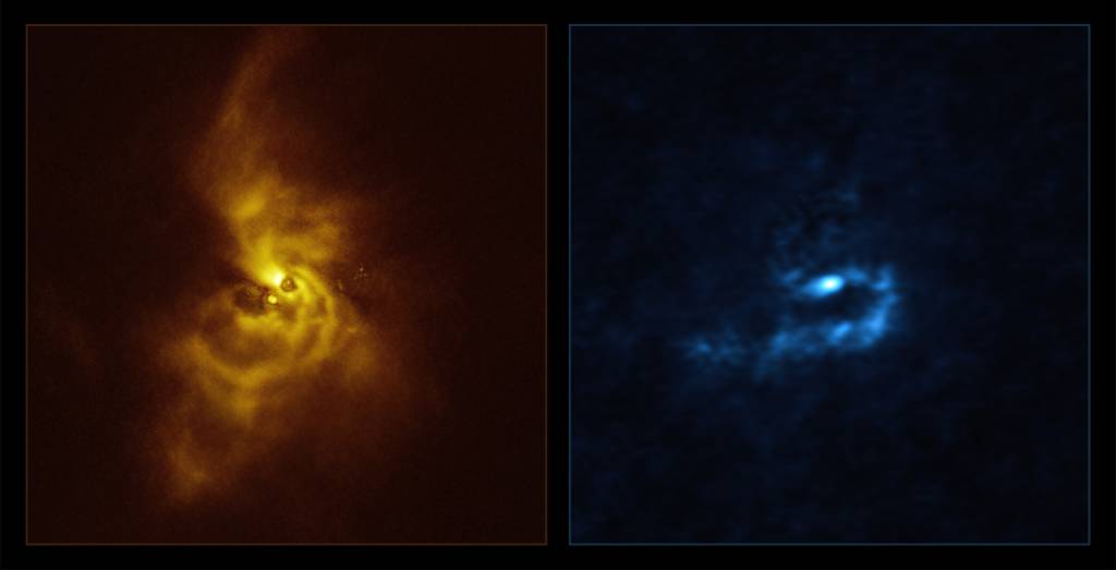 SPHERE and ALMA images of material orbiting V960 Mon CIÊNCIA - Fragmentação: à esquerda, a foto feita com o VLT mostra os aspirais e, à direita, imagem registrada pelo Alma mostra os focos onde a poeira pode estar se colapsando