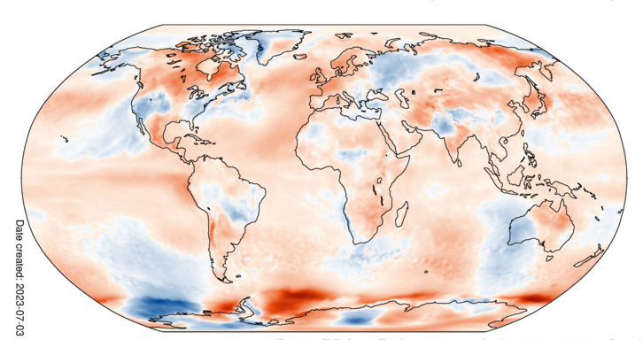 Anomalia da temperatura do ar na superfície para junho de 2023 em relação à média de junho para o período 1991-2020.