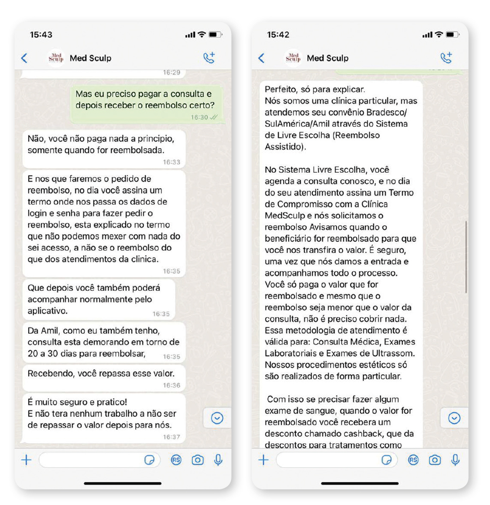 whatsapp MODUS OPERANDI - Atendente da clínica MedSculp solicita senha de cliente para pedir reembolso: a prática é irregular