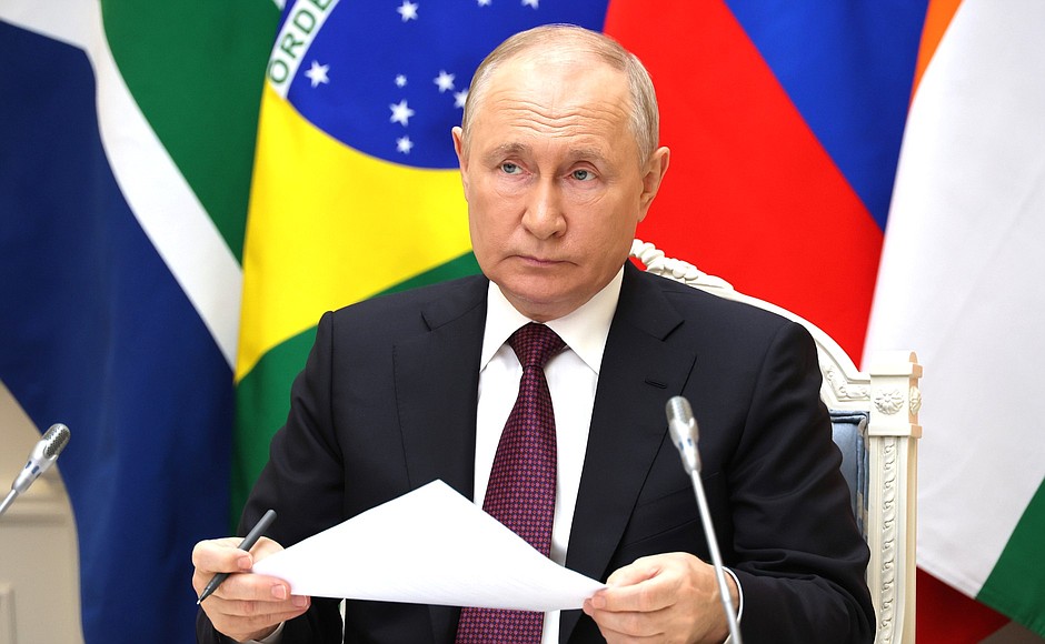 O presidente da Rússia, Vladimir Putin, durante reunião da Cúpula dos Brics em Joanesburgo, na África do Sul