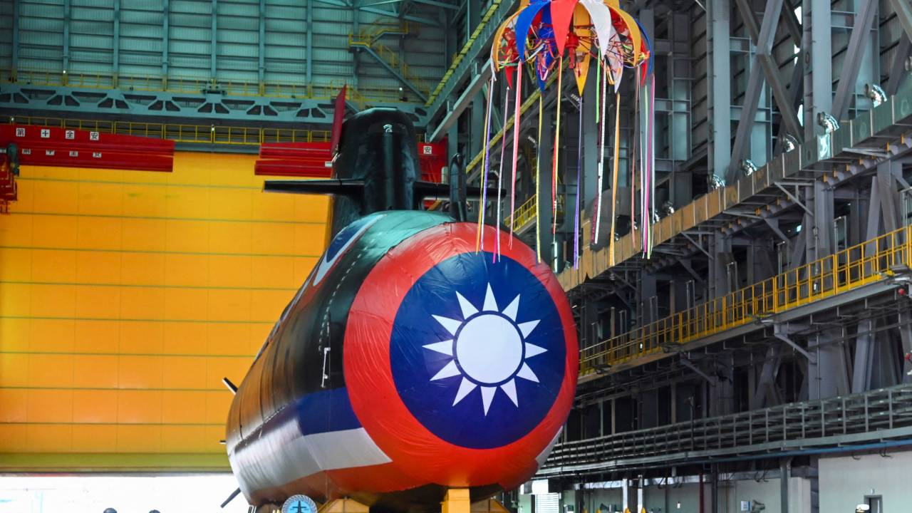 Taiwan's first locally built submarine "Narwhal" is seen during unveiling ceremony at the CSBC Corporation shipbuilding company in Kaohsiung on September 28, 2023. (Photo by Sam Yeh / AFP)