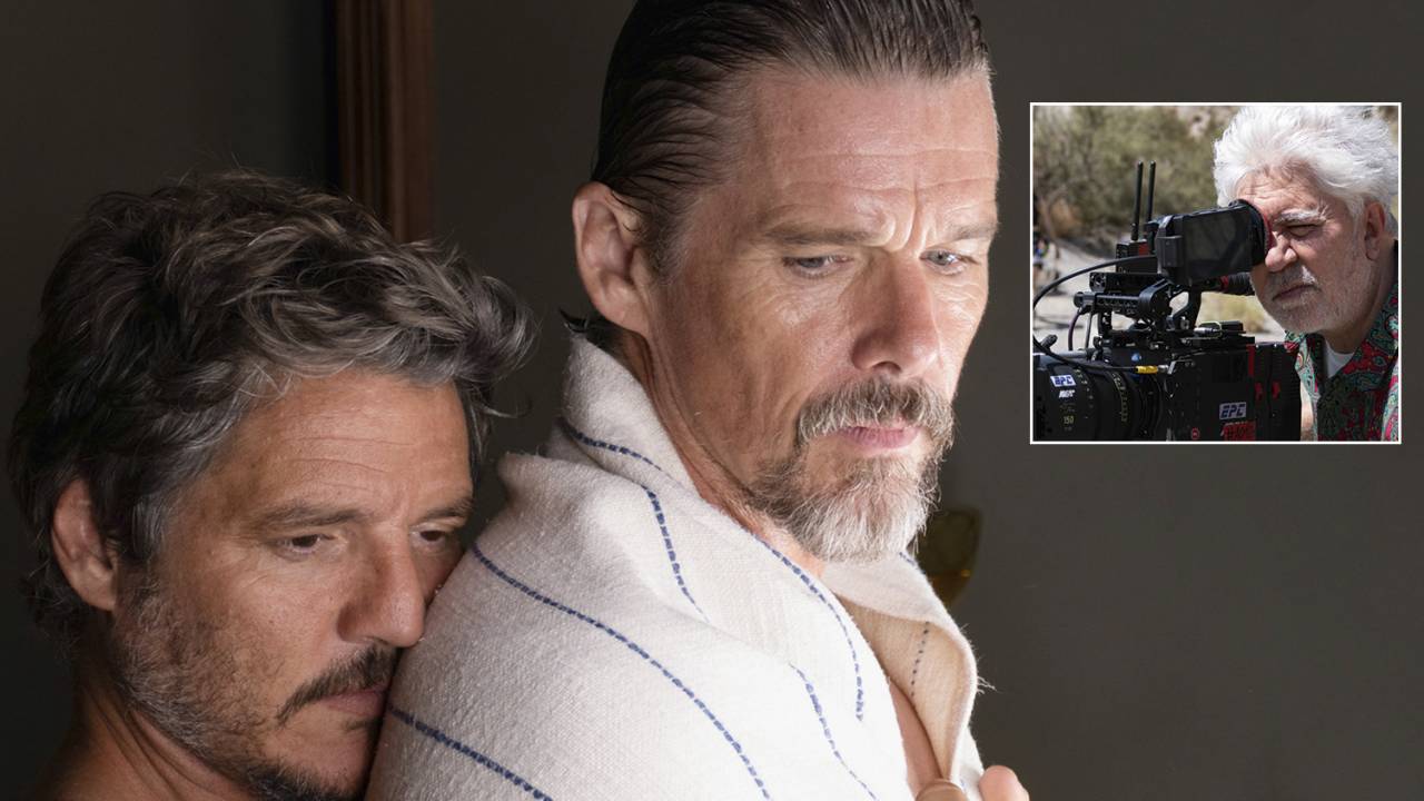 FAROESTE - Acima, Pascal e Hawke no filme; à dir., Almodóvar: paixão proibida de caubóis