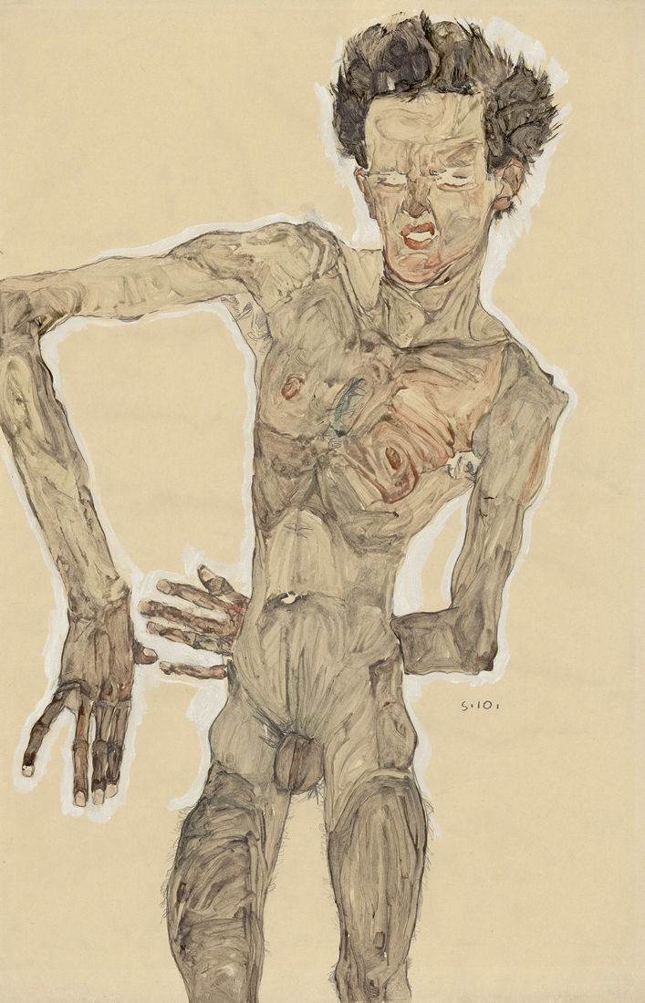 1-DUPLA-MENOR-egon_schiele_grimassierendes_aktselbstbildnis_1910_albertina-_wien.jpg REBELDE - Autorretrato peculiar do expressionista Egon Schiele: a arte moderna deu vazão à feiura