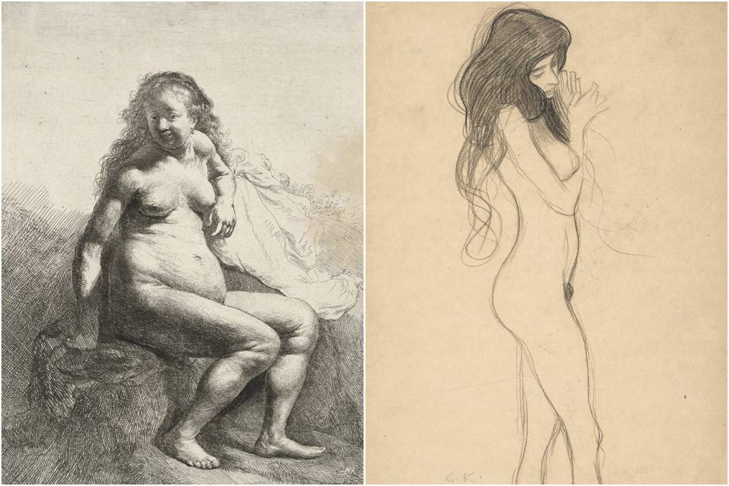 2-DUPLA-MENOR-rembrandt_harmensz__van_rijn_nackte_frau_auf_einem_erdhuegel_sitzend_um_1631_albertina-_wien.jpg ESCANTEADAS - À esquerda, obra de Rembrandt, e o esboço de Klimt: ofuscado no Renascimento, o nu feminino foi resgatado nos séculos seguintes