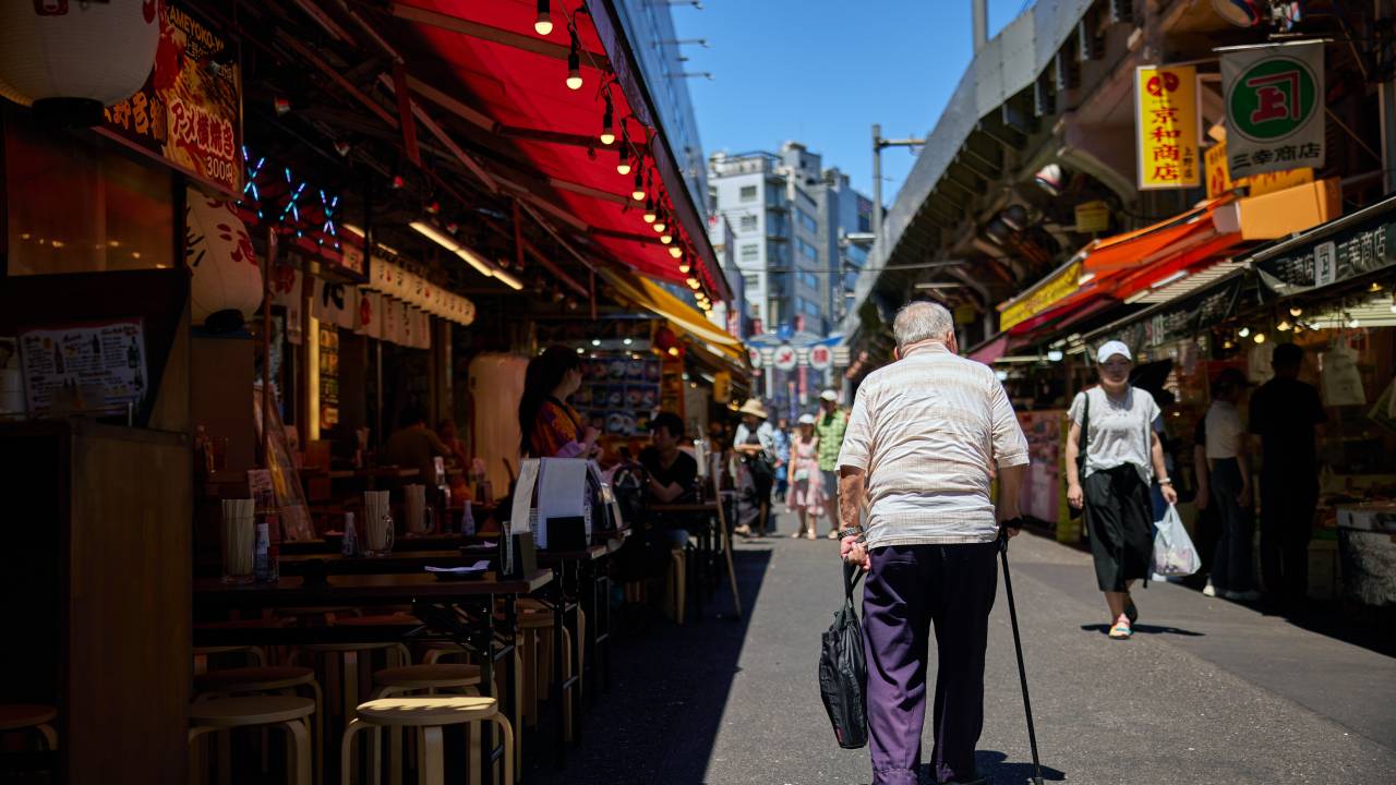 Shoppers in the Ueno area of Tokyo, Japan, on Sunday, July 30, 2023. A study issued last week showed the population of Japanese nationals fell in all 47 of the country's prefectures for the first time since complete data has been tracked. Photographer: Shoko Takayasu/Bloomberg via Getty Images