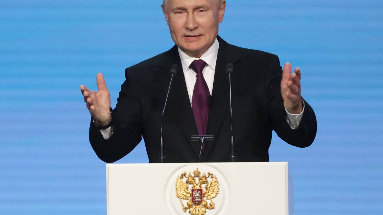 MOSCOW, RUSSIA - SEPTEMBER 28: (RUSSIA OUT) Russian President Vladimir Putin gestures during his speech at the concert at the State Kremlin Palace on September 28, 2023, in Moscow, Russia. Putin enshrined a date of annexing territories of four Ukrainian regions as a Reunification Day state holiday. (Photo by Contributor/Getty Images)
