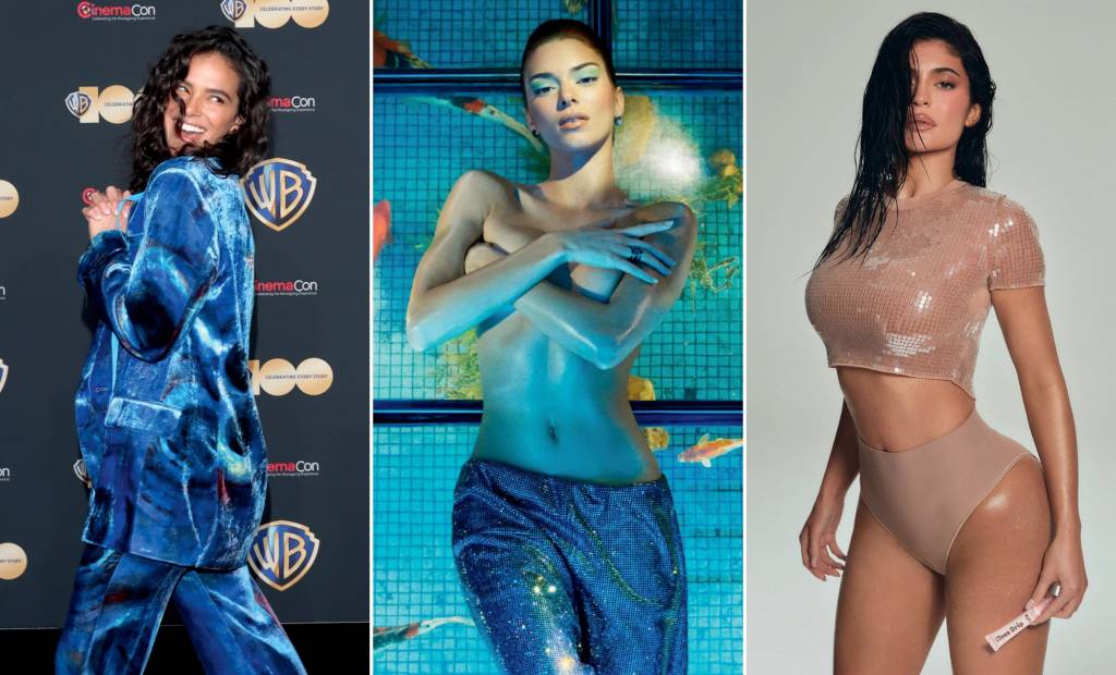 Marquezine-Kendall-Kylie TROMPE l’OEIL - Bruna Marquezine de veludo azul (à esq.), Kendall e Kylie Jenner: o estilo encharcado como tendência