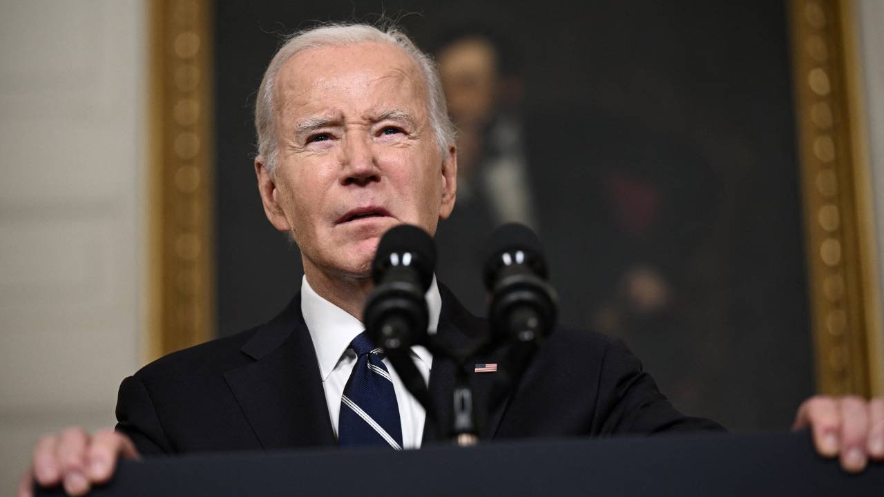 US President Joe Biden speaks about the Palestinian militant group Hamas' attacks on Israel in the State Dining Room of the White Houses in Washington, DC, on October 10, 2023. The United States has no plan to become militarily involved in the conflict between Israel and Hamas after the Palestinian militant group's surprise attack, the White House said on October 9, 2023. (Photo by Brendan SMIALOWSKI / AFP)