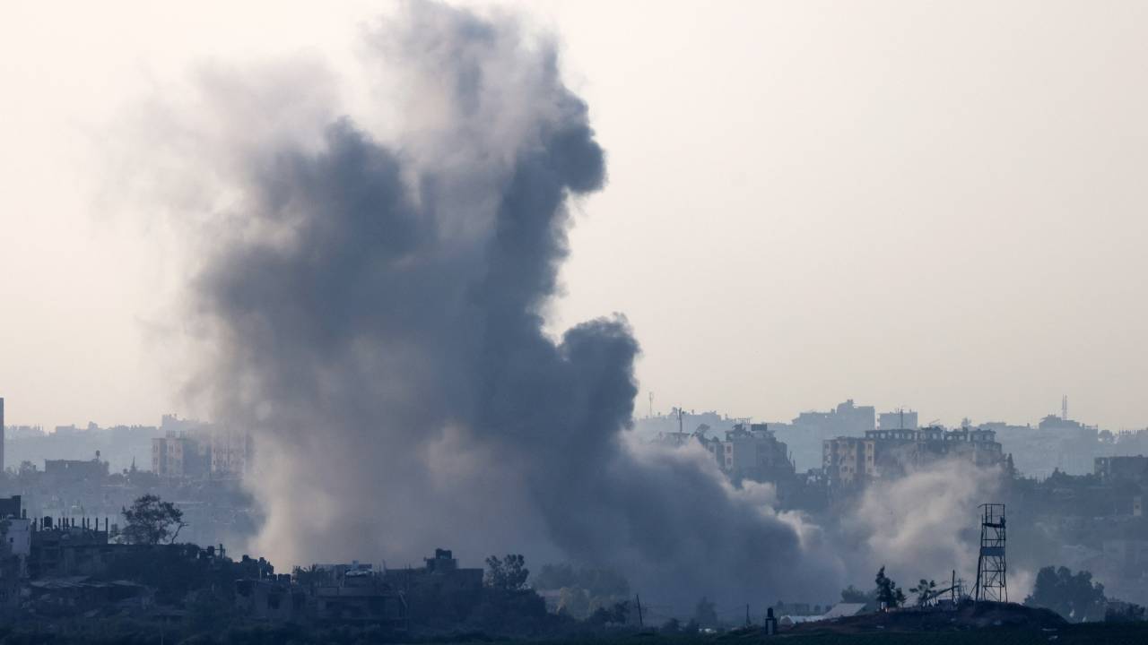 A picture taken from Israel's southern city of Sderot shows smoke billowing during a Israeli strike on Gaza on October 23, 2023, amid ongoing battles between Israel and the Palestinian group Hamas. (Photo by Jack Guez / AFP)