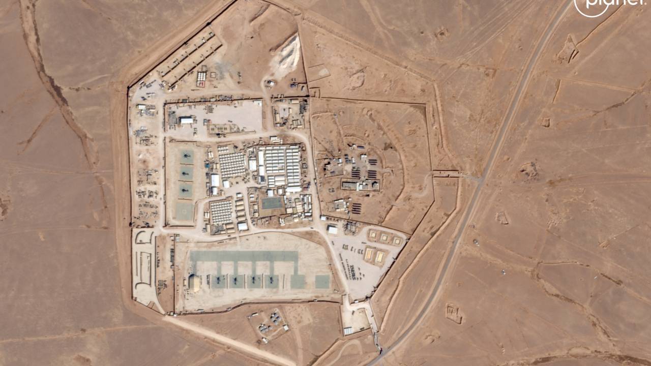 This handout satellite picture released on January 29, 2024 by Planet Labs PBC and captured on October 12, 2023 shows a view of the base, known as Tower 22, which is operated by US troops as part of an international coalition against the Islamic State (IS) jihadist group, near Jordan's border with Iraq and Syria in the northeastern Rwaished District. A drone attack on January 28, 2024 on the frontier base in Jordan's northeast, killed three US troops. (Photo by Planet Labs / AFP) / XGTY / RESTRICTED TO EDITORIAL USE - MANDATORY CREDIT "AFP PHOTO / PLANET LABS PBC" - NO MARKETING - NO ADVERTISING CAMPAIGNS - DISTRIBUTED AS A SERVICE TO CLIENTS