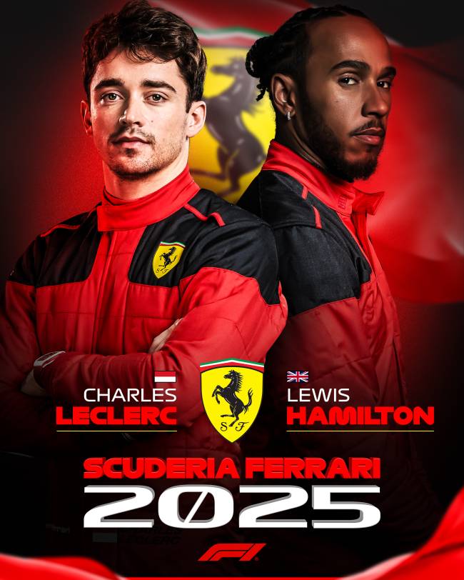 GFRkcIRWwAAnWgE Cartaz do anúncio oficial já mostra Lewis Hamilton com o uniforme da Ferrari, ao lado de Charles LeClerc -