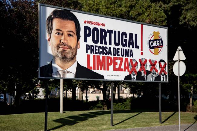 Far Right Party Chega in Portugal A billboard of the populist far right party Chega with a photo of the President Andre Ventura and the slogan 'Shame, Portugal needs some cleanness' is pictured in Santarem, Portugal on July 7, 2023. (Photo by Emmanuele Contini/NurPhoto via Getty Images)