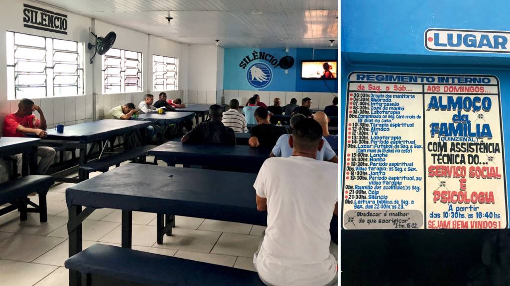 Jovem-Ebenézer NEM UM PIO - Hora de ver TV no Desafio Jovem Ebenézer: a rotina dos internos é regida por silêncio e uma severa cartilha de regras (à dir.)