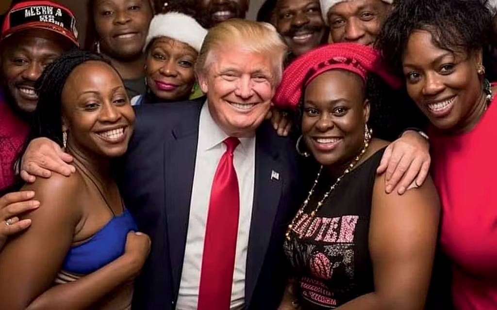 2D (1) (reprodução) gh2ywv1wcaapmr7.jpg CAMPANHA SUJA - Montagem de Donald Trump com eleitores negros: tudo o que está nesta foto foi gerado por robôs