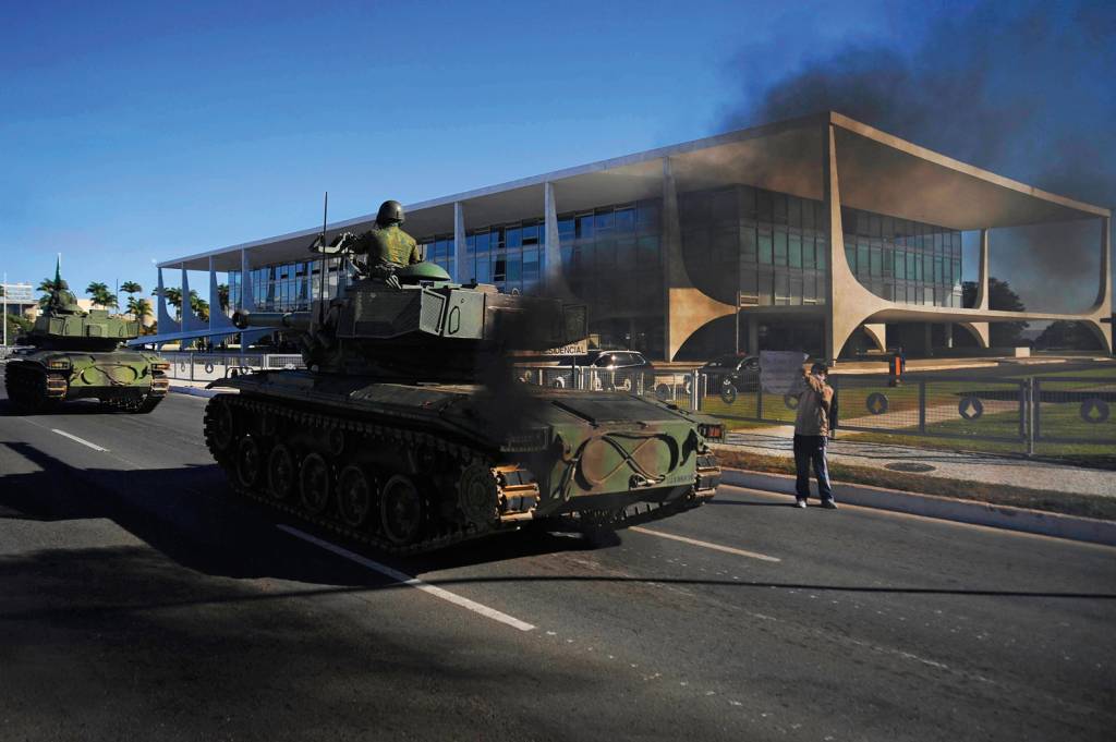 2D-(3)-POL222164.JPG INTIMIDAÇÃO - Demonstração de força: em 2021, blindados da Marinha desfilaram em frente ao Palácio do Planalto