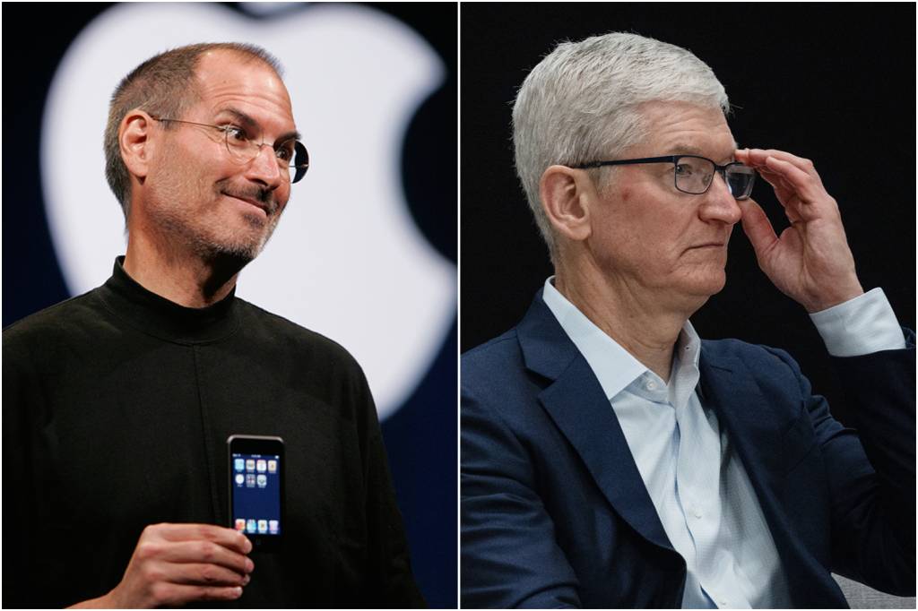 AP070905053446.jpg VISÃO - Steve Jobs (à esq.), que morreu em 2011, e o atual CEO, Tim Cook: o desafio da empresa é voltar a inovar