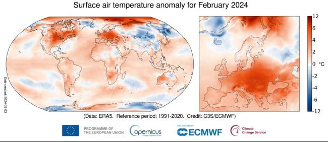 Fevereiro_2024 Anomalia da temperatura do ar à superfície para Fevereiro de 2024 relativamente à média de Fevereiro para o período 1991-2020 -
