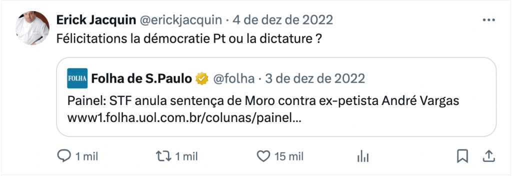 Comentário de Erick Jacquin no Twitter