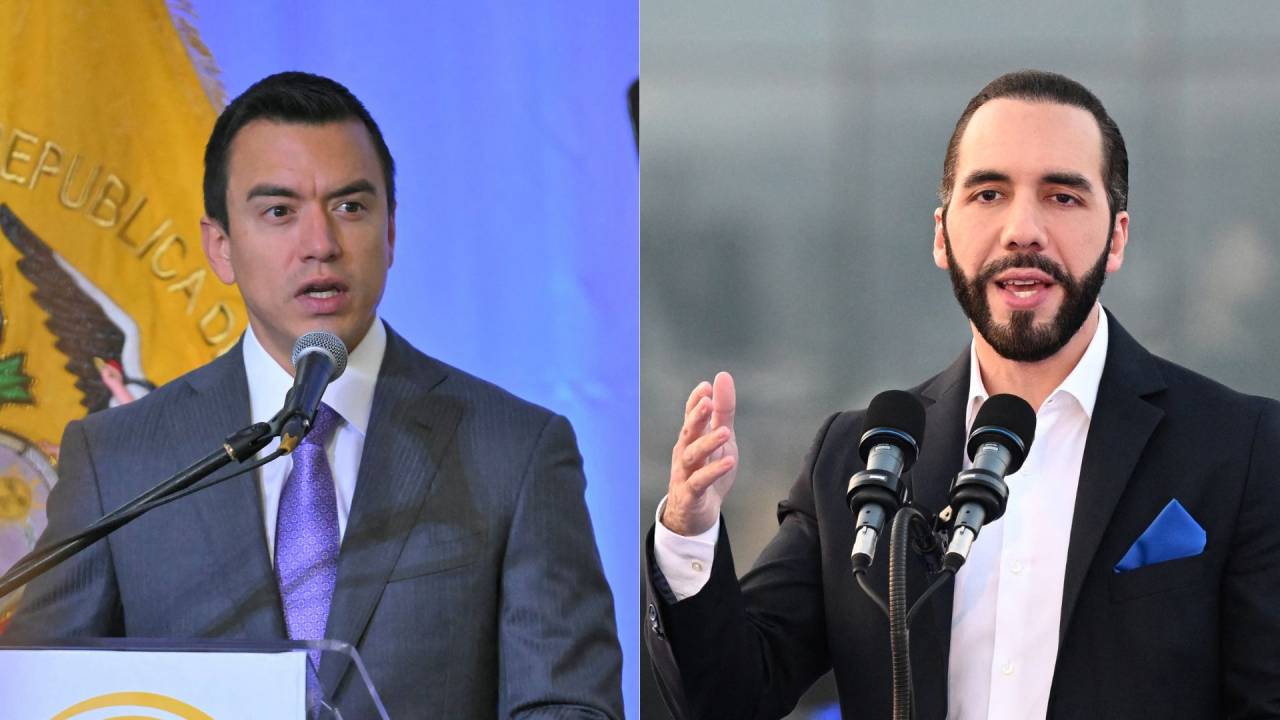 Nayib Bukele, presidente de El Salvador (dir.): inspiração para o presidente equatoriano, Daniel Noboa, na guerra às gangues. -
