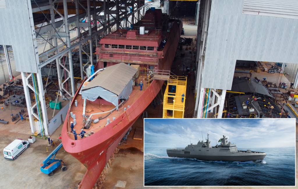1—Fragata-Tamandare-em-construcao-4-1280×719.png No mar: a Águas Azuis, sociedade em que a Embraer tem 30%, constrói fragatas para a Marinha brasileira em Itajaí (SC)