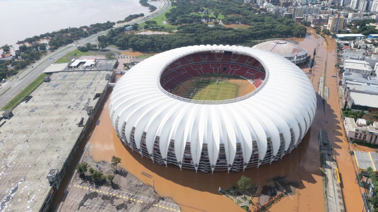 PORTO ALEGRE, BRAZIL - MAY 6: Aerial view of the flooded Beira-Rio Stadium on May 6, 2024 in Porto Alegre, Brazil. Rescue efforts continue in Porto Alegre due to the floods caused by the heavy rains that have battered Brazilian State of Rio Grande Do Sul. A State of Public Calamity has been called by local government while 281 municipalities have been affected, thousands of people have been displaced and damages in infrastructure cause difficulties to access affected areas or big power outages around the state. (Photo by Max Peixoto/Getty Images)