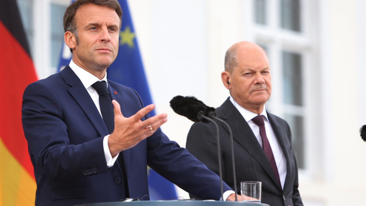 GRANSEE, GERMANY - MAY 28: German Chancellor Olaf Scholz and French President Emmanuel Macron address the media during a press conference at Schloss Meseberg on May 28, 2024 in Gransee, Germany. The French and German governments are meeting at Meseberg Palace today following Macron's state visit to Germany. (Photo by Michele Tantussi/Getty Images)