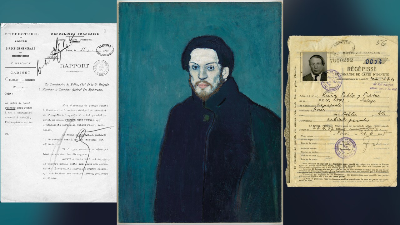 REGISTROS - Ao centro, autorretrato da fase azul (1901), pouco depois de sua mudança de país. À esq., registro de relatório da polícia de Paris; à dir., o pedido de identidade estrangeira feito na França: cidadania foi negada em 1940